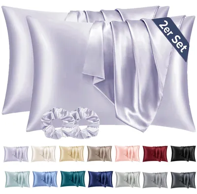 Produktbild von Set mit 2 Satin-Kissenbezügen, 70 x 40 cm, lila, seidig weich, pflegeleichter als Seidenkissenbezüge, Satin-Kissenbezug für Haar und Haut, inklusive 2 Haargummis