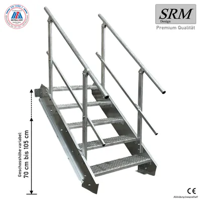 Produktbild von 5 Stufen Stahltreppe beidseitig. Geländer Breite 100cm Geschosshöhe 70-105cm