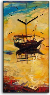 Produktbild von Wanduhr Uhr Wandbild Leinwand 30x60 Meereslandschaft Ozean Boot auf See - schwarze Hände