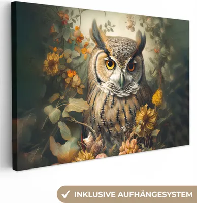 Obrázek produktu pro OneMillionCanvasses® - Obraz na plátně - Sova - Ptáci - Květiny - Příroda, nástěnná malba, nástěnné dekorace obrazy obývací pokoj, 60x40cm