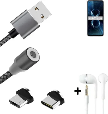 Produktbild von K-S-Trade® Hochwertiges Magnet-Lade-kabel Sync-Kabel Daten-Kabel + Kopfhörer kompatibel mit Asus Zenfone 8 mit USB-Typ-C-Anschluss und