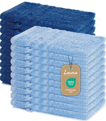Produktbild von Lavea® 20er Waschhandschuh Set Elena, 100% Baumwolle Frottee, Waschlappen saugstark & weich, für Körper und Gesicht, 60 °C, trocknergeeignet, Delphinblau & Royalblau, 15 x 21 cm