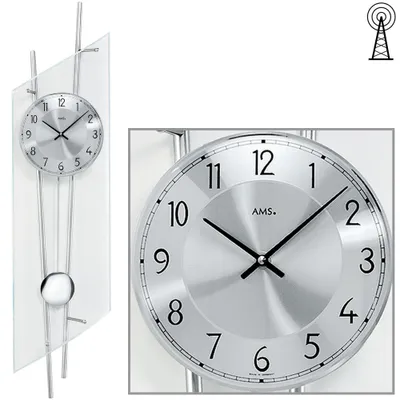 Produktbild von AMS 5200 Wanduhr Funk Funkwanduhr mit Pendel silbern modern Pendeluhr mit Glas