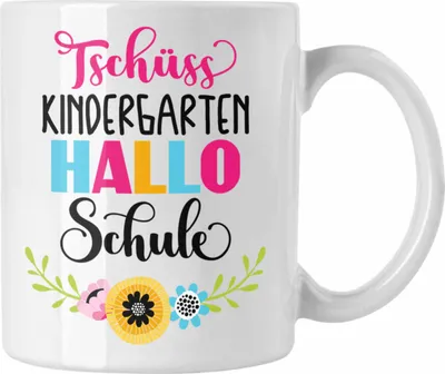 Produktbild von Trendation - Tschüss Kindergarten Hallo Schule Mädchen 2022 Geschenk Tasse Schulstart 1. Schultag Schuleinführung Schulanfang Geschenkidee 2022 Schulkind Ich Glitzer Jetzt In Der Schule (Weiß)