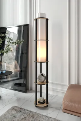 Produktbild von Opviq, Moderne Stehlampe aus Craft-Papier & MDF, Walnuss, 150 cm hoch, 1 x E27 Max 40 W, IP20, elegantes Design für Wohn- und Arbeitsräume, ohne Glühbirne.