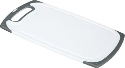 A white cutting board with gray trim and a handle is shown against a white background.