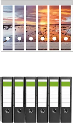 Produktbild von Wallario 6 Stück breite Ordner inkl. Klebeetiketten mit Motive Wattwanderung am Meer bei Sonnenuntergang -  Set mit Rückenschildern / Ordnerrücken Stickern
