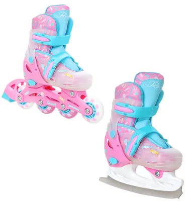 A pair of pink and blue roller skates and a pair of ice skates.