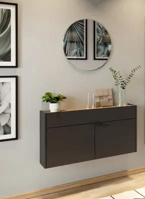 Produktbild von Garderobe Flurgarderobe schmal in grau mit Eiche ABERDEEN-01 modern 2-teilig mit Schuhschrank und Spiegel