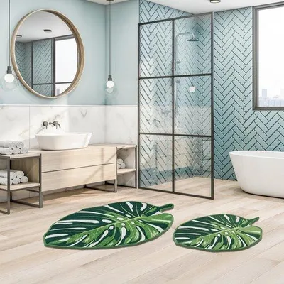 Obrázek produktu pro Sada protiskluzových rohoží do koupelny Unyqoos® Monstera, zelená – 2 kusy, omyvatelné (60×100 cm a 50×60 cm) pro koupelny