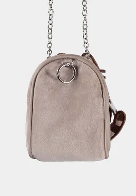 A small, beige coin purse with a chain strap and brown accents.