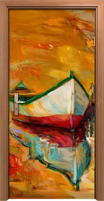 Produktbild von Türposter 90x200 cm Türaufkleber Türtapete Türfolie Klebefolie Kunst Oranges Meer Boote und Pier