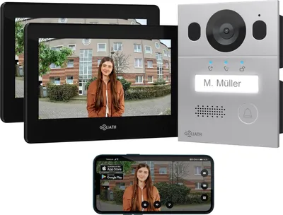 Image de Goliath Basic Line Interphone-portier vidéo 2 fils noir/argent : Boîtier en saillie : 2 moniteurs Nombre de moniteurs : 2 moniteurs Sonnette de porte Boîtier de montage : Boîtier en saillie