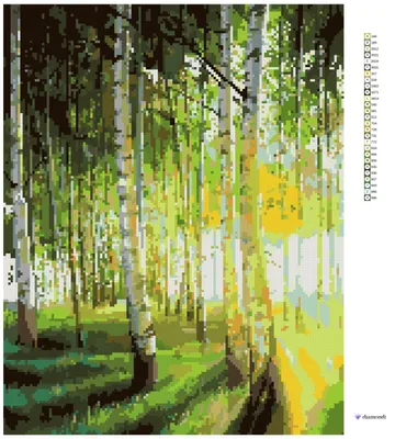 A diamond painting kit depicting a forest scene with birch trees and sunlight filtering through the leaves.