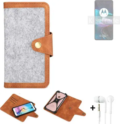 Produktbild von K-S-Trade Handyhülle + Kopfhörer kompatibel mit Motorola Edge 30 Schutzhülle Filz Hülle Kunstleder hellgrau braun (1x)