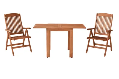 A wooden table and two chairs are shown against a white background.