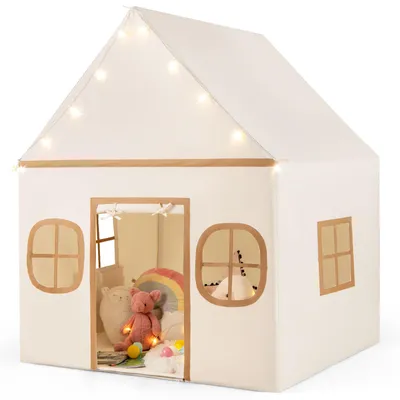 Produktbild von GOPLUS Kinderspielzelt, 2 in 1 Kinderzelt Indoor mit weicher Matte und Sternlichtern, Kinder Spielhaus mit Fenstern, Beige
