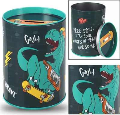 Produktbild von Skate Dinosaurier Metallspardose, runde Sparbüchse für Kinder
