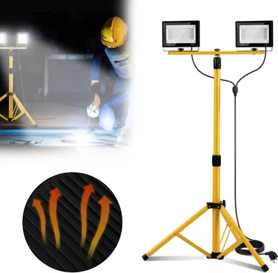 Zdjęcie produktu dla Reflektor budowlany LED Ikodm ze statywem, 2x50 W, stopień ochrony IP66, regulowana wysokość, do użytku na zewnątrz, 6500 K – idealny na plac budowy, do garażu, warsztatu i ogrodu