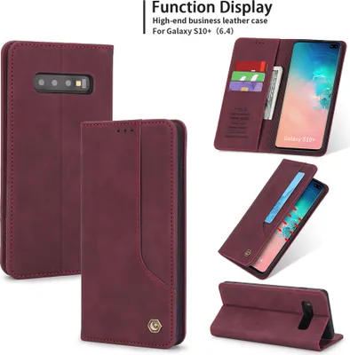 Produktbild von Galaxy S10+ Plus Hülle, LaimTop Retro Kunstledertasche Schutzhülle mit Kartenfach Standfunktion für Samsung Galaxy S10 Plus Rot