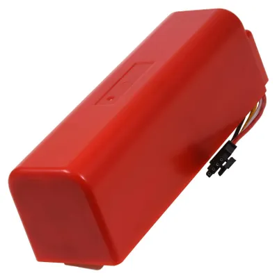A red battery pack with wires and a connector.