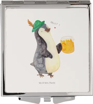Produktbild von Mr. & Mrs. Panda Klappspiegel Pinguin Bier - Weiß - Geschenk, Taschenspiegel, , Schminkspiegel klein, Beschwippst, Pinguine, Frauen Spiegel, Feierabend