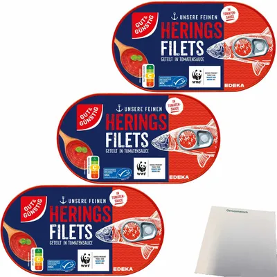 Produktbild von Gut & Günstig Heringsfilets in Tomatensauce 3er Pack (3x200g Dose) + usy Block