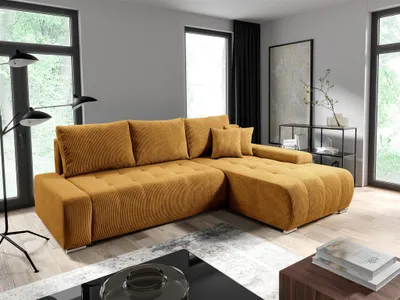Produktbild von Ecksofa Sofa mit Schlaffunktion VOGAR Stoff Poso Honiggelb Ottomane Rechts