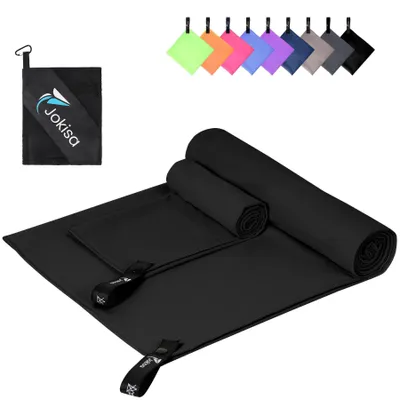 Produktbild von Jokisa Mikrofaser Handtuch 2er Set, 180X90cm Strandtuch Mikrofaser + 80X40cm Sporthandtuch, Schnelltrocknendes & Sandfrei Handtücher für Outdoor Sauna Strand Trekking (Schwarz)