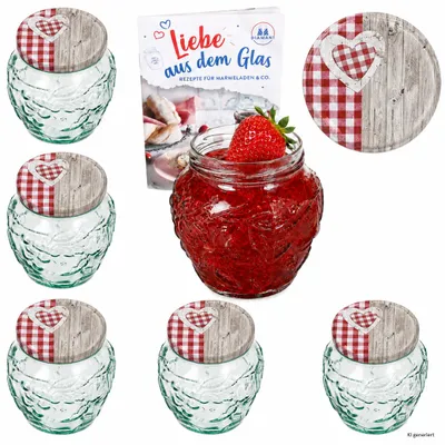 Image de 6 pots en verre pour confitures, capacité 580 ml, avec couvercle en bois, décor cœur rouge, référence TO82