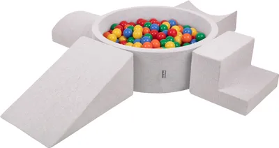 Obrázok produktu pre KiddyMoon Mäkké penové ihrisko pre deti s guľatým loptičkovým ihriskom (200 ∅ 7 cm) s mäkkými prekážkami a loptičkovým bazénom,  vyrobené v EÚ, Svetlo sivá:Žltá/Zelená/Modrá/Červená/Orang