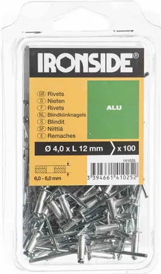 Produktbild von Ironside IR141025, Blindniete, Aluminium, Edelstahl, Edelstahl, 4 mm, 12 mm