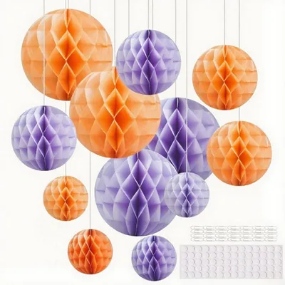 Papier-Honigwabenbälle, 12 Stück, 15–25 cm, orange-violett, hängend
