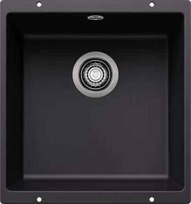 A top-down view of a black kitchen sink with a silver drain.