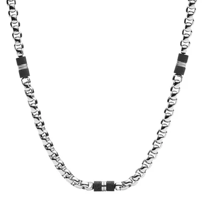 A silver chain necklace with black accents on a white background.