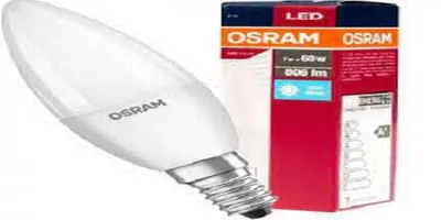 A white LED light bulb with a silver base is shown next to its red and white packaging.