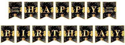 Image de Guirlande "Joyeux Anniversaire" noire et dorée, ensemble de décorations pour anniversaire, comprenant 1 guirlande