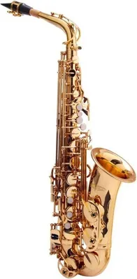 A studio shot of a saxophone on a white background.