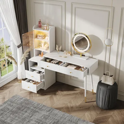 Immagine prodotto di okwish toletta con quattro cassetti e anta in vetro, tavolo cosmetico con pannelli decorativi ondulati, mobile illuminato bicolore con specchio, senza sgabello, bianco