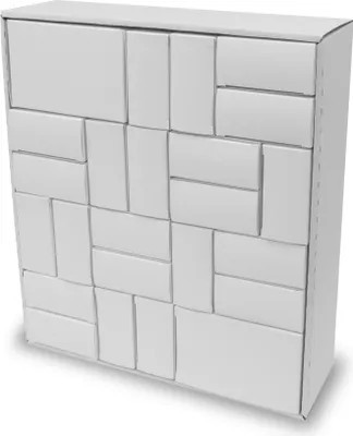 A white advent calendar made of many small boxes arranged in a mosaic pattern.