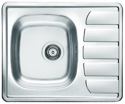 A top-down view of a stainless steel kitchen sink with a single basin and a drainer with multiple compartments.