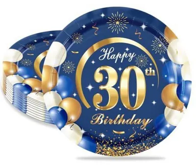Immagine prodotto di Piatti di carta, 30° compleanno, colore blu e oro, confezione da 16 pezzi, diametro 18 cm, decorazioni per feste