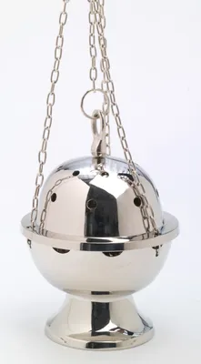 Produktbild von Weihrauchfass mit Kette zum Hängen aus Messing vernickelt Silber Höhe 23 cm mit Innenschale aus Stahl für die Räucherkohle