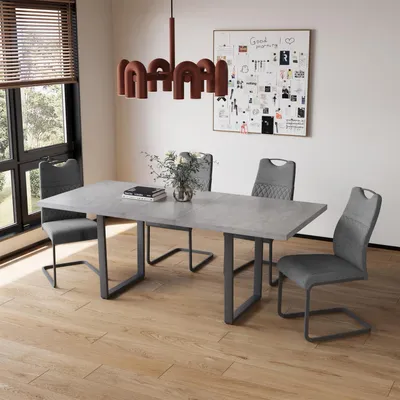 Obrázek produktu pro Rozkládací jídelní stůl s 4 židlemi, materiál MDF, barva šedá, rozměry 130-170 cm