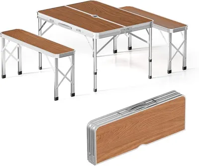 Produktbild von Koffertisch mit 2 Bänken Holzdesign Aluminium 90x66x70 cm Campingtisch klappbar Sitzgruppe Campingmöbel Outdoor Camping Tisch faltbar