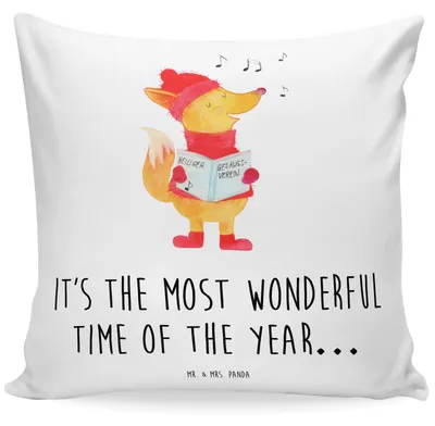 Produktbild von Mr. & Mrs. Panda Polsterkissen Fuchs Sänger - Weiß - Geschenk, Singen, Weihnachten, Weihnachtslieder, Deko Kissen, kuschelkissen 40x40, Füchse, bedruckt, Winter, für sofa
