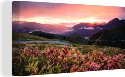 Produktbild von OneMillionCanvasses® - Leinwandbilder - Bild auf Leinwand Wandbild Leinwandbild Blumen - Berge - Landschaft - Nacht - Himmel - Rosa, 80x40 cm, Kunstdruck Wandkunst Gemälde auf Holzrahmen - Bilder auf Leinwand