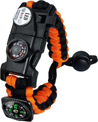 Image de Autres accessoires pour l'escalade et la randonnée : Bracelet de survie en paracorde, orange, avec pierre à feu, boussole et thermomètre