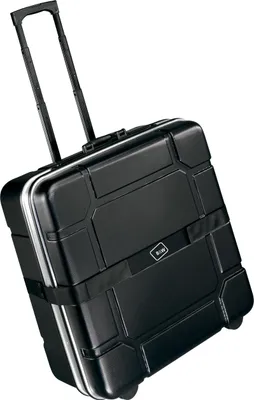 A black rolling suitcase with a telescoping handle extended.