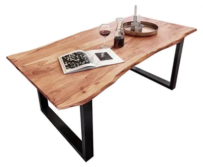 Produktbild von SAM® Esstisch Akazie massiv Baumkante 160x85 cm natur | Design Tisch schwarz Metallgestell QUINN